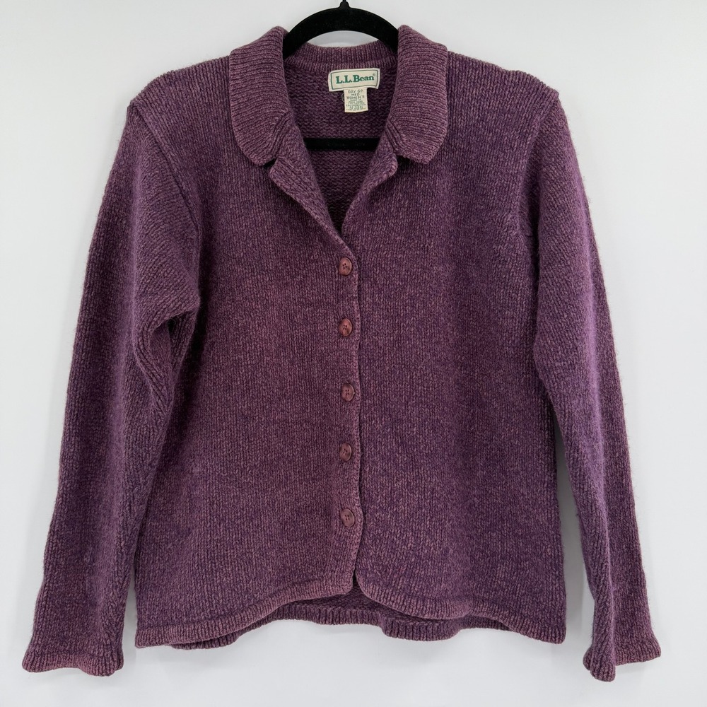 Vintage LL Bean Womens Medium Purple Cotton Lambswool Button Front Cardigan